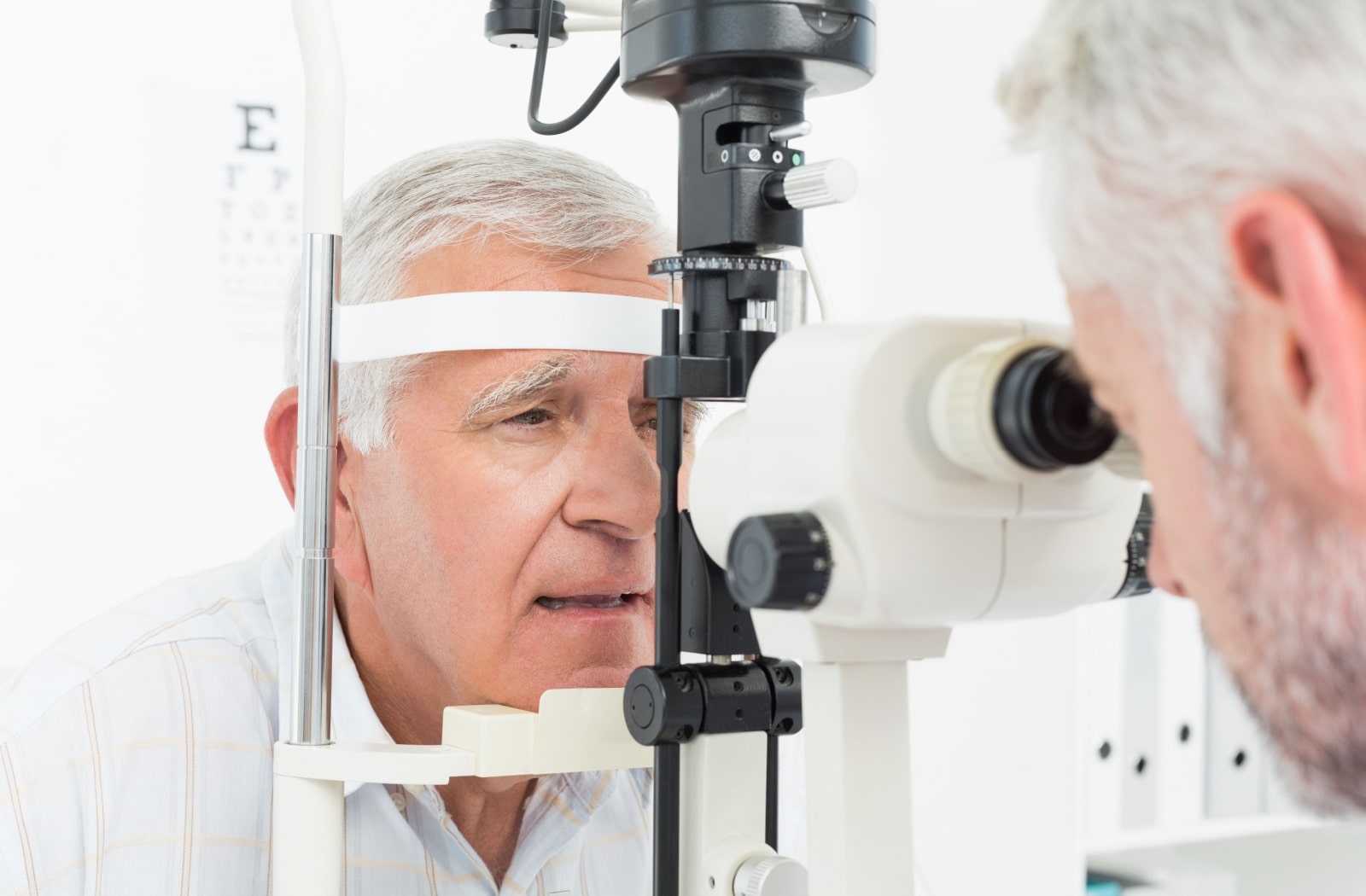 An older adult man being checked for signs of Glaucoma.