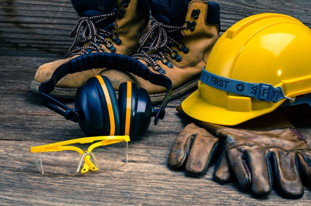 Standard construction safety wear lined up.