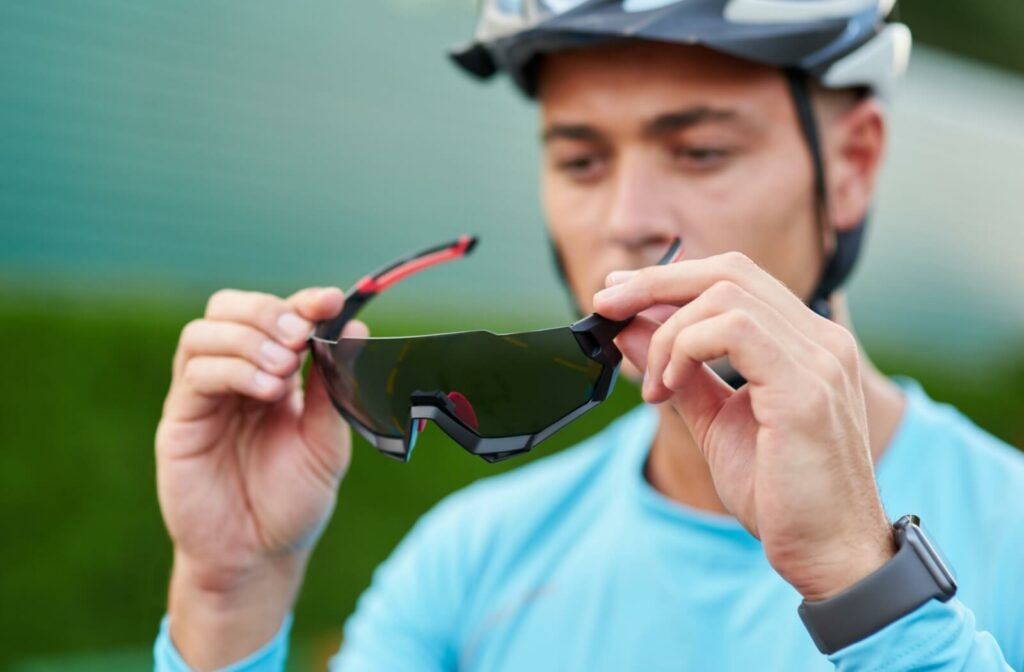 A focus shot of a person's durable protective eyewear that also enhances their performance.