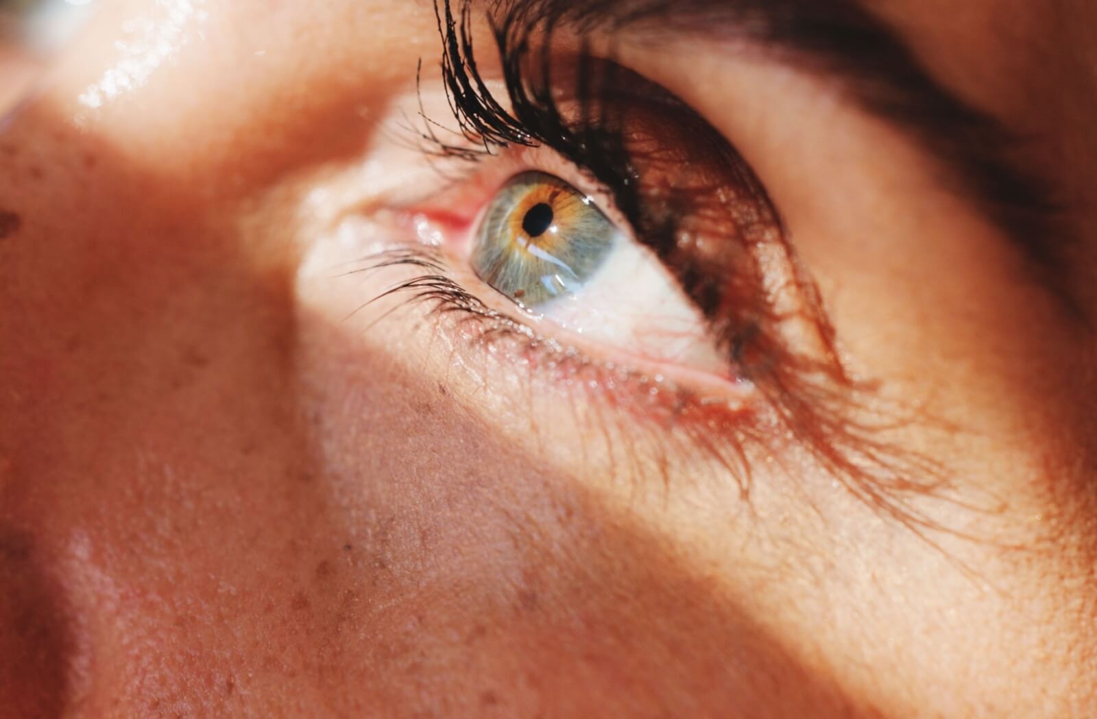 Close-up of a green and hazel-colored eye looking upward, showing detail of the iris, eyelashes, and natural light reflections on the skin and eye surface.